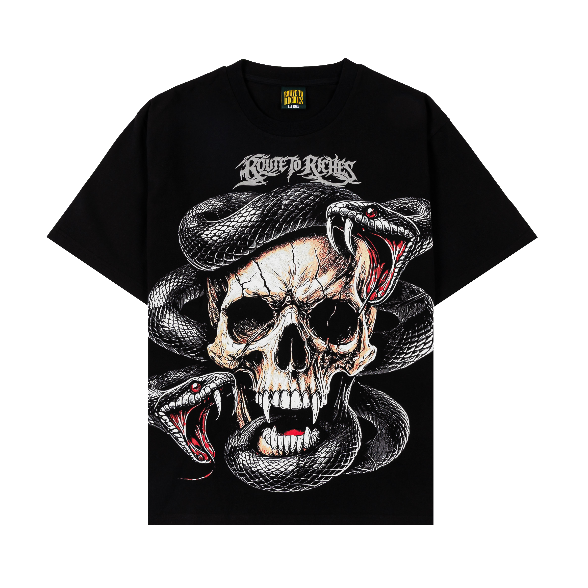 Black t-shirt featuring a skull surrounded by snakes design.
