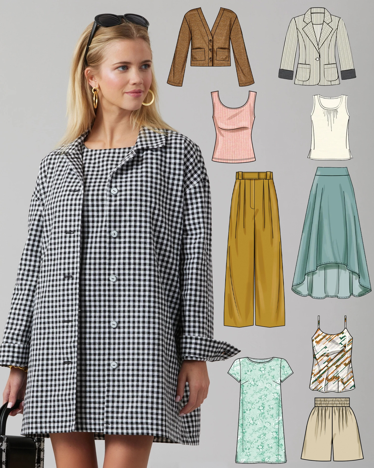 Model wearing a checkered coat with various clothing designs around her.