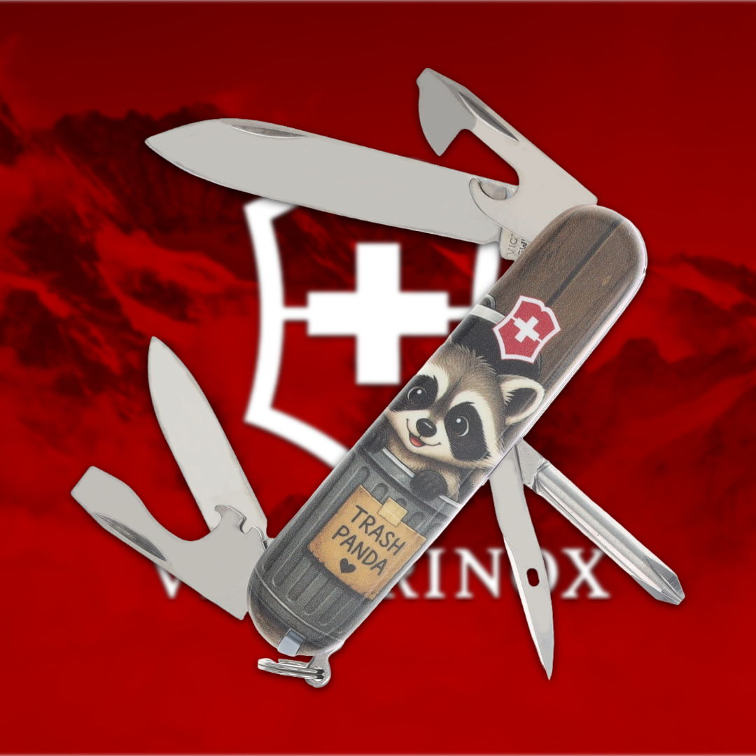 Swiss Army knife with raccoon design on a red background.