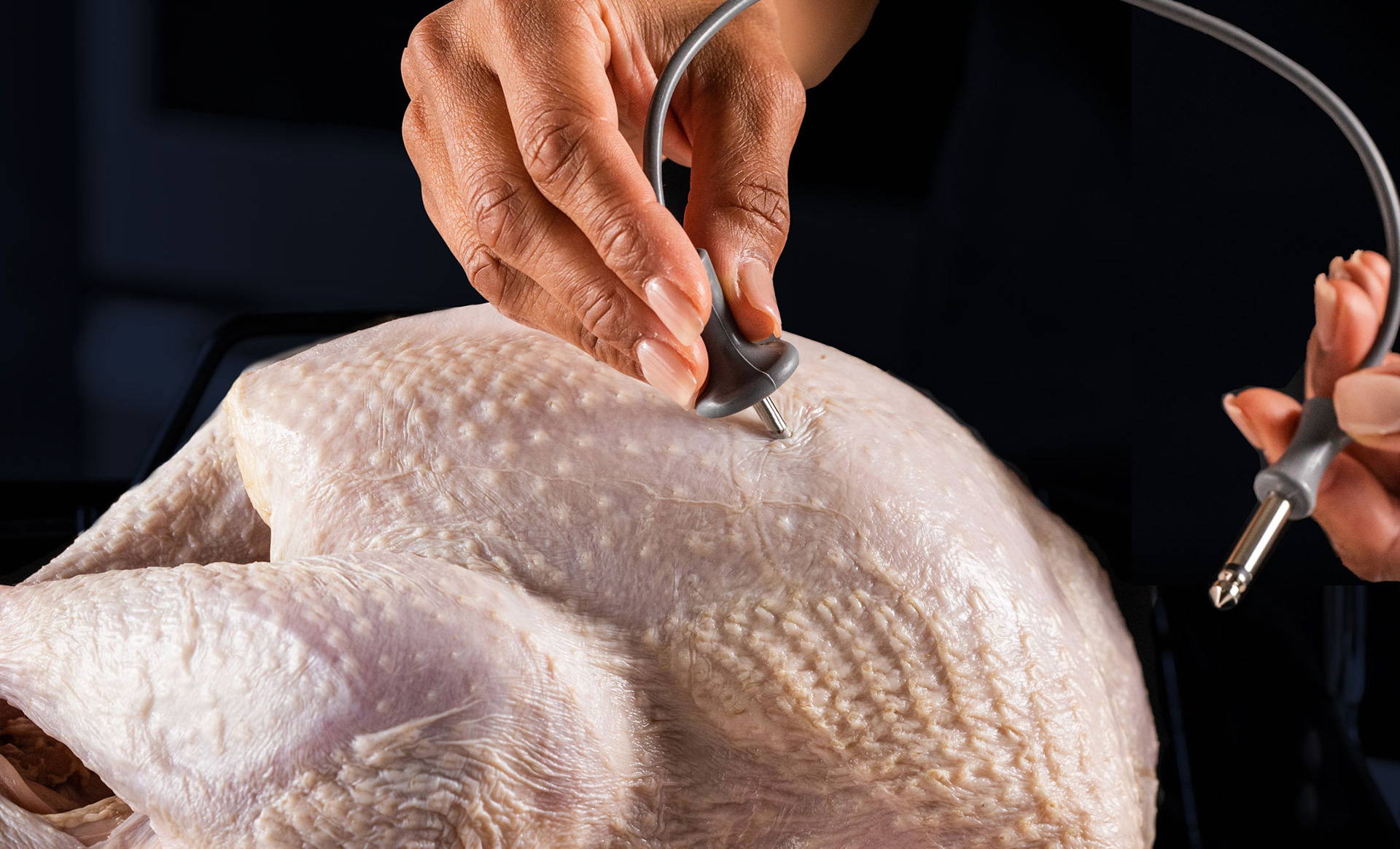 Hand inserting the probe into the breast of the uncooked turkey