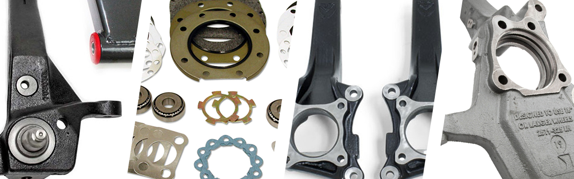 Photo collage of various knuckles and spindles for off-road vehicles. 
