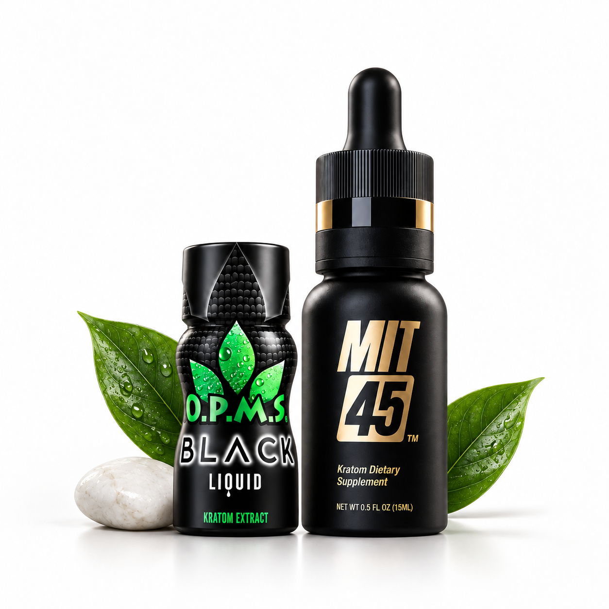 Two liquid supplement bottles with green leaves on a white background.