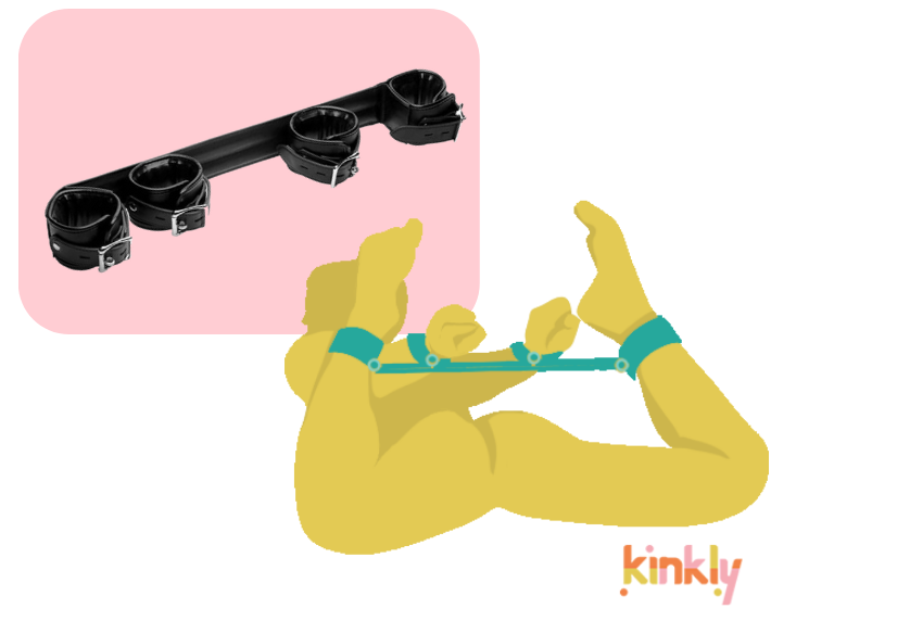 Four Points, One Bar Bondage sex position. The person is laying on their stomach. They have their hands and wrists extended behind them. Their legs are bent with their ankles pointing towards the ceiling. There's a spreader bar attaching the person's wrists and ankles with ankle cuffs and wrist cuffs. | Kinkly