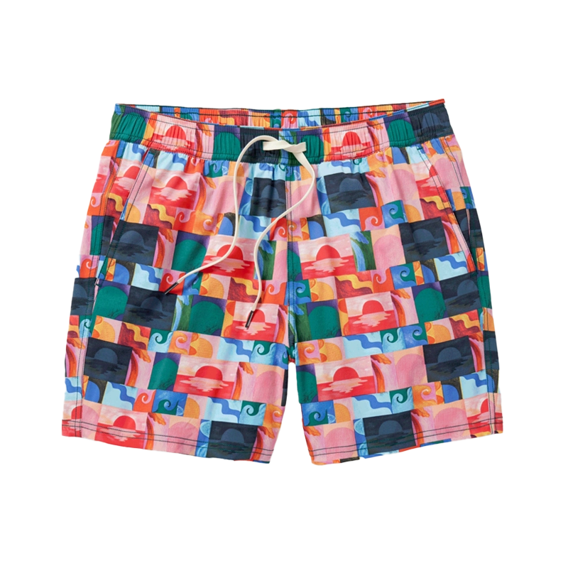 Colorful patterned swim trunks with an elastic waistband and drawstring.
