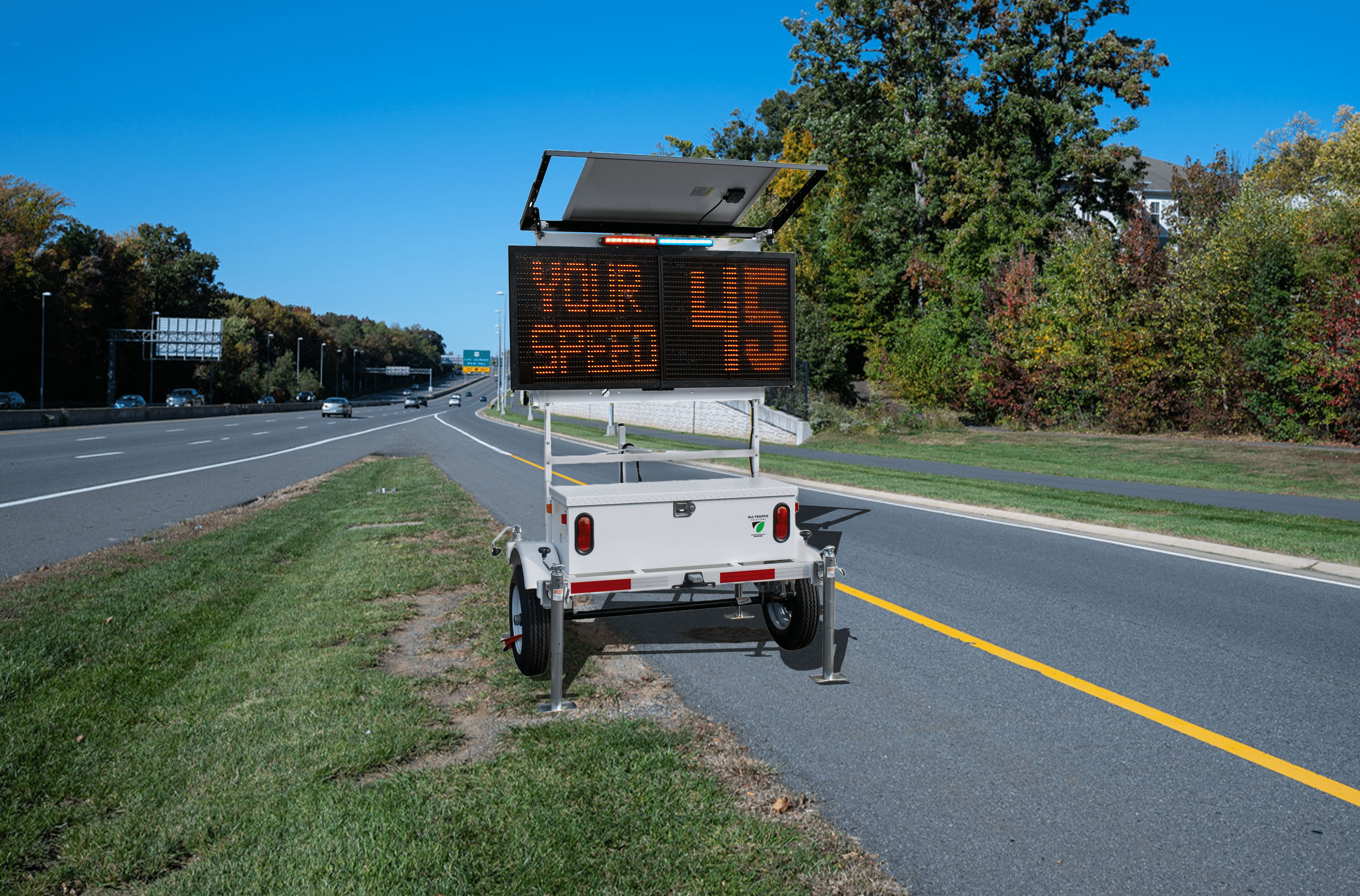 Radar message board showing a driver's speed and a message