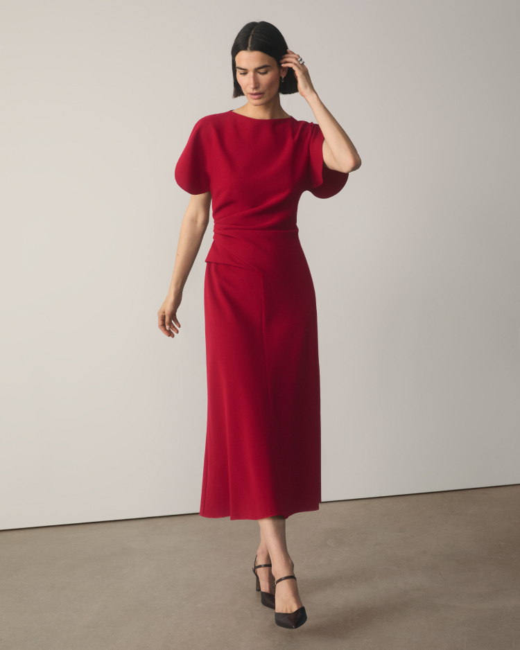 Model wearing deep red Salerno dress