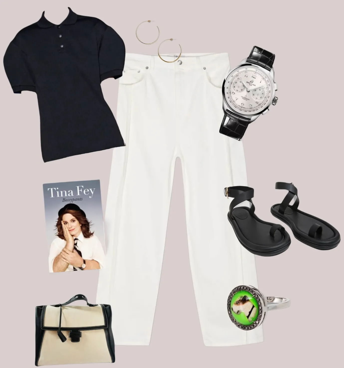 Outfit layout featuring a polo shirt, white pants, accessories, and a magazine.