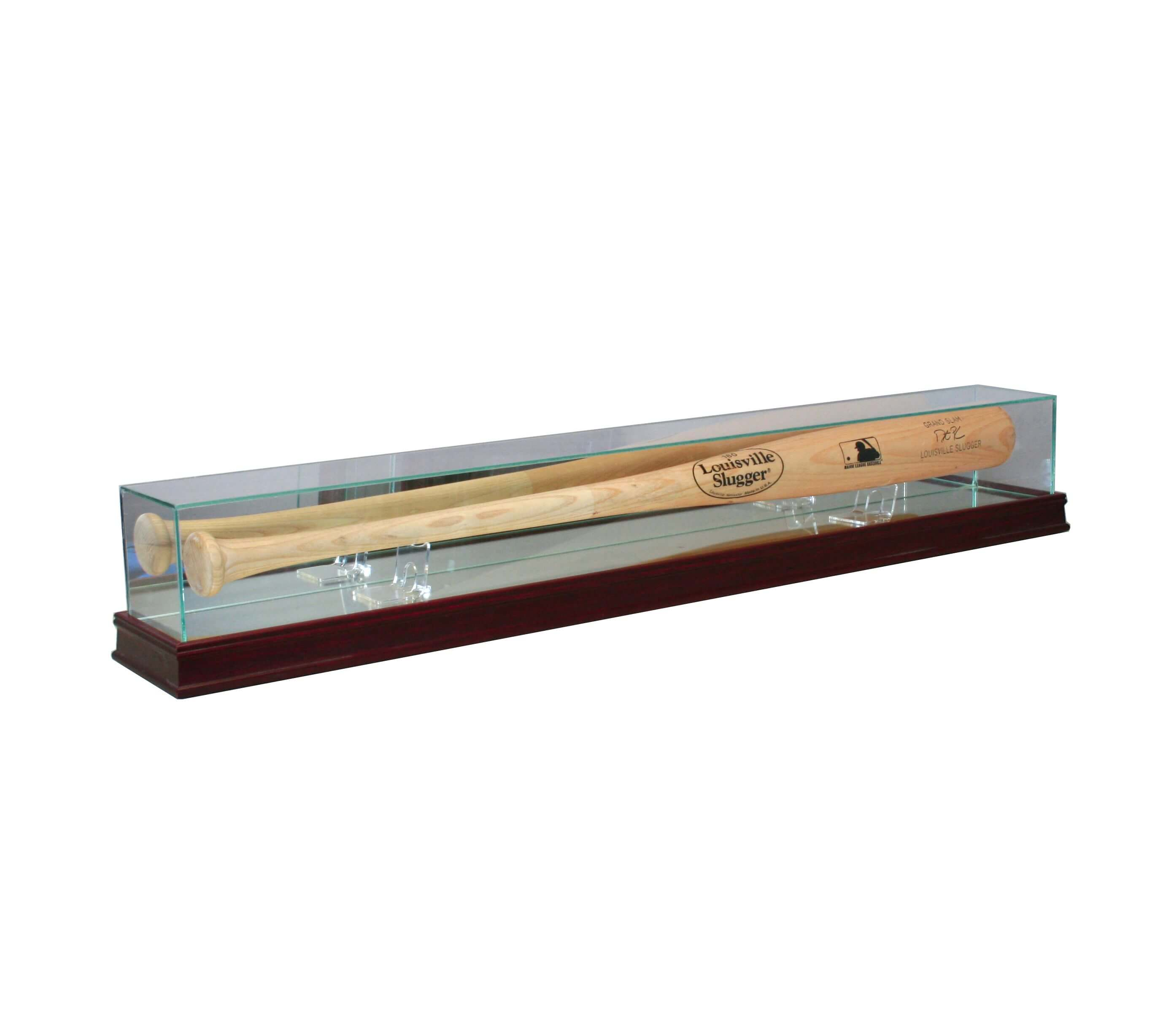 Baseball bat displayed in a glass case on a wooden base.