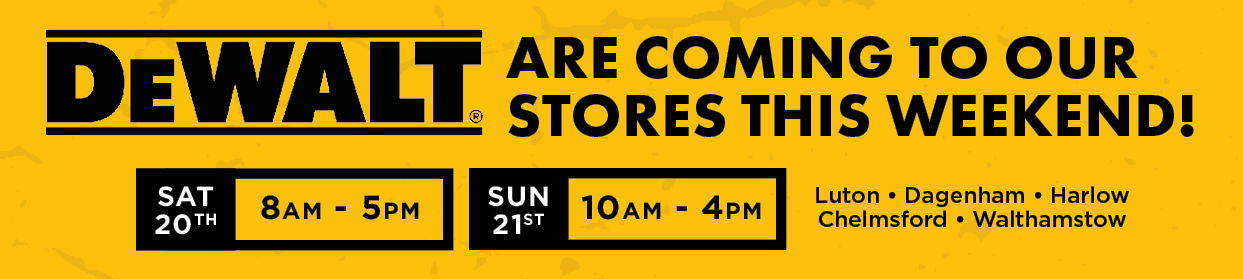 Dewalt promotional event announcement for stores this weekend with dates and times.