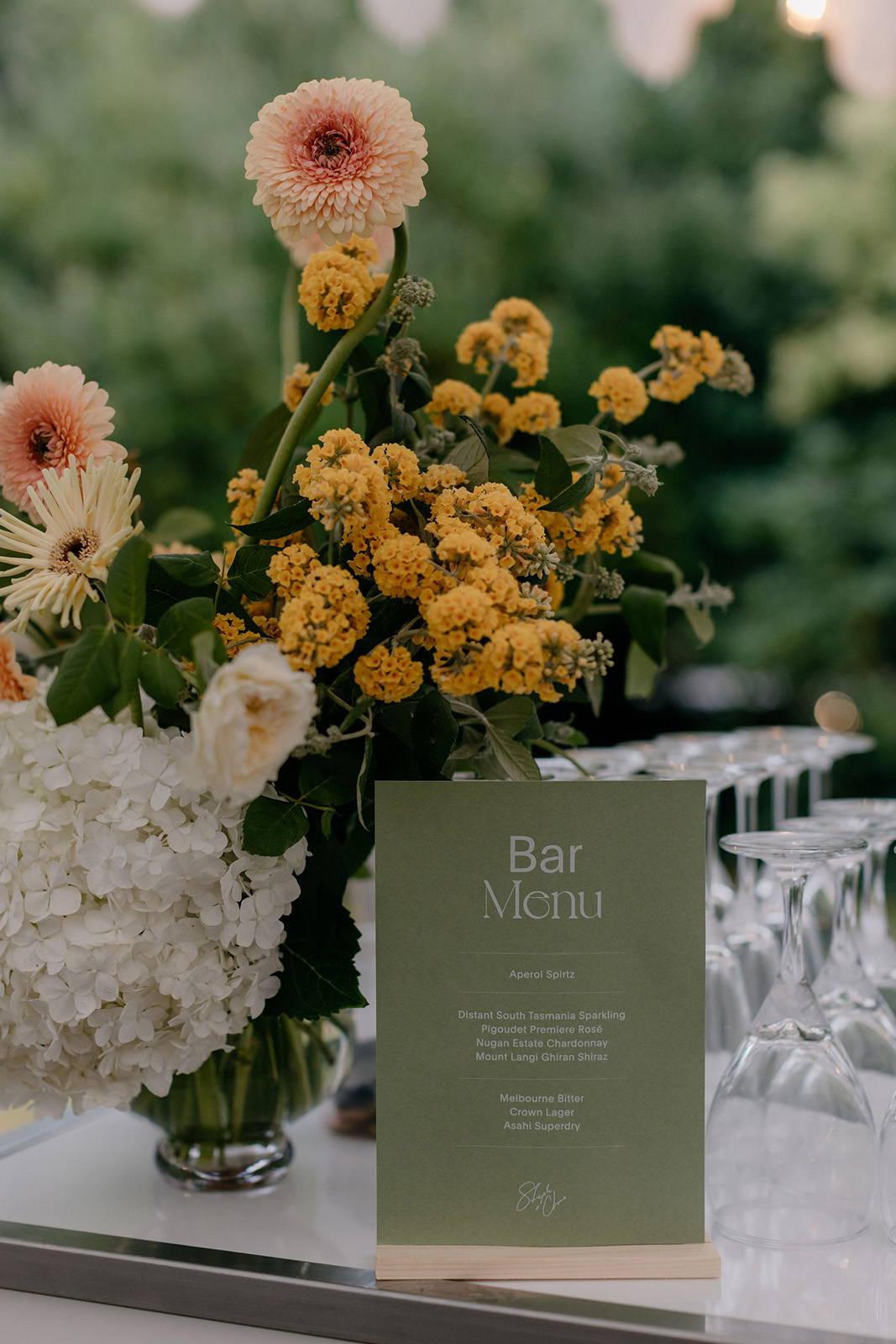 Wedding bar menu and flowers