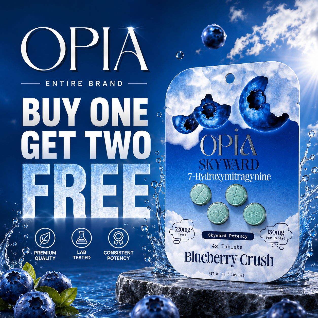 OPIA blueberry crush product with a promotion: buy one, get two free.