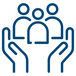 Blue support icon with hands surrounding figures of people.