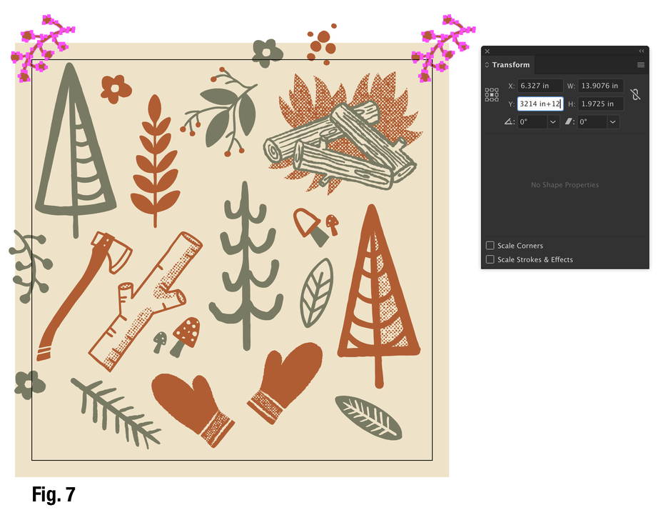 Figure 7 an Illustrator file with forest and camping motifs. Two top branches are copied with transform tool at the y-axis.