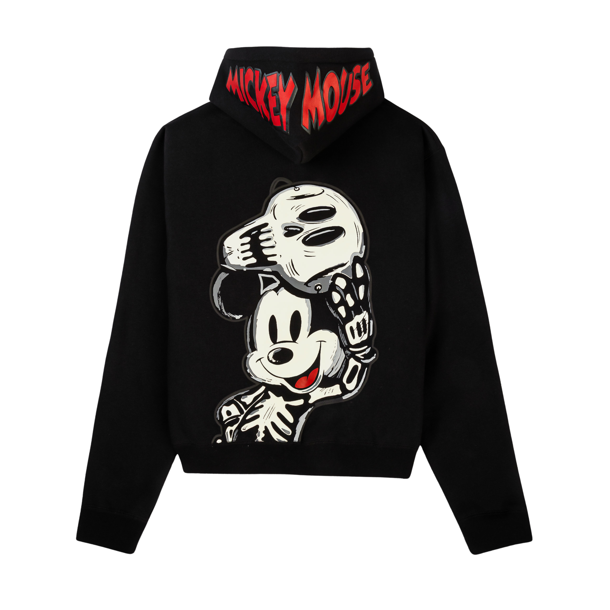 Black hoodie featuring a white skeleton design on the front and sleeves.