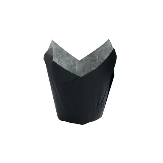 A black tulip shaped paper baking cup