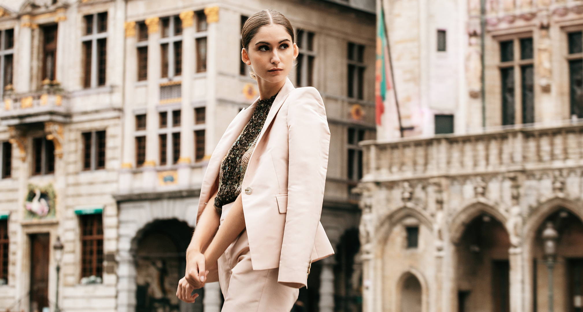 PENDA • Luxury Designer Fashion  • Faille seta silk Pants and Jacket • Brussels campaign • Place Rogier à Bruxelles 