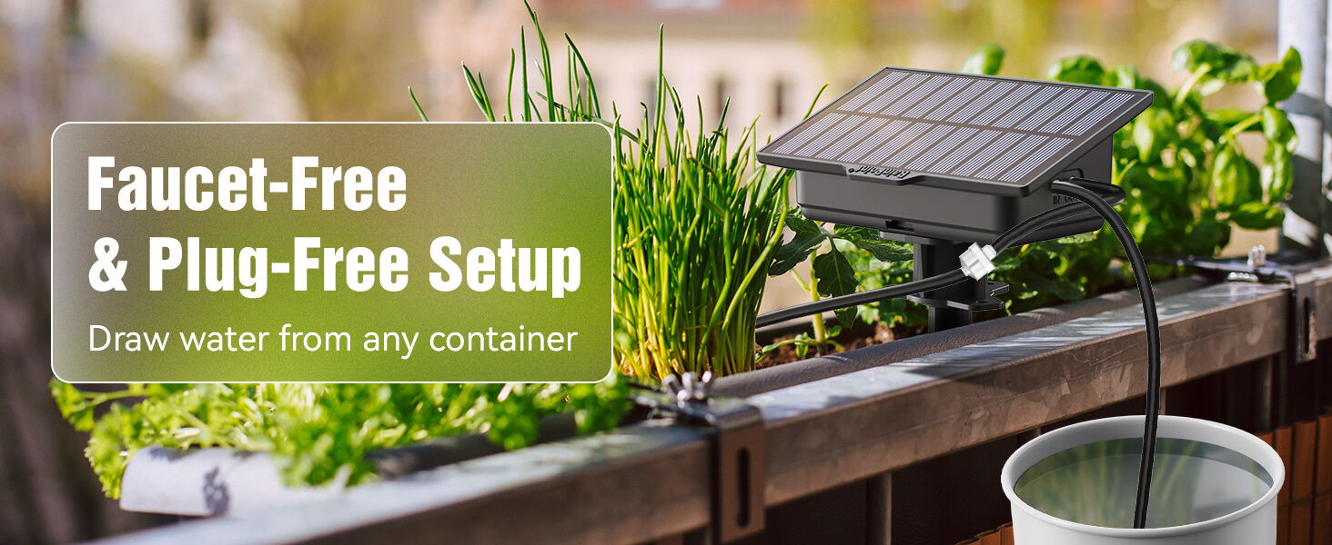 Solar-powered irrigation system for plants without faucet or plug setup.