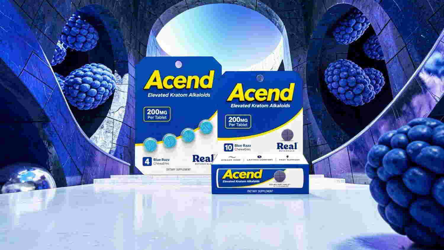 Acend product boxes displayed in a blue, abstract environment with spheres.