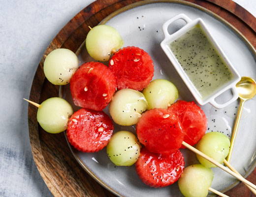 Watermelon Canary Kebabs with Lime Poppy Seed Dressing