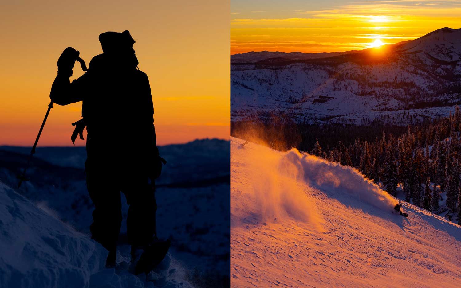 Silhouette of a splitboarder at sunset, snowy landscape with mountains.
