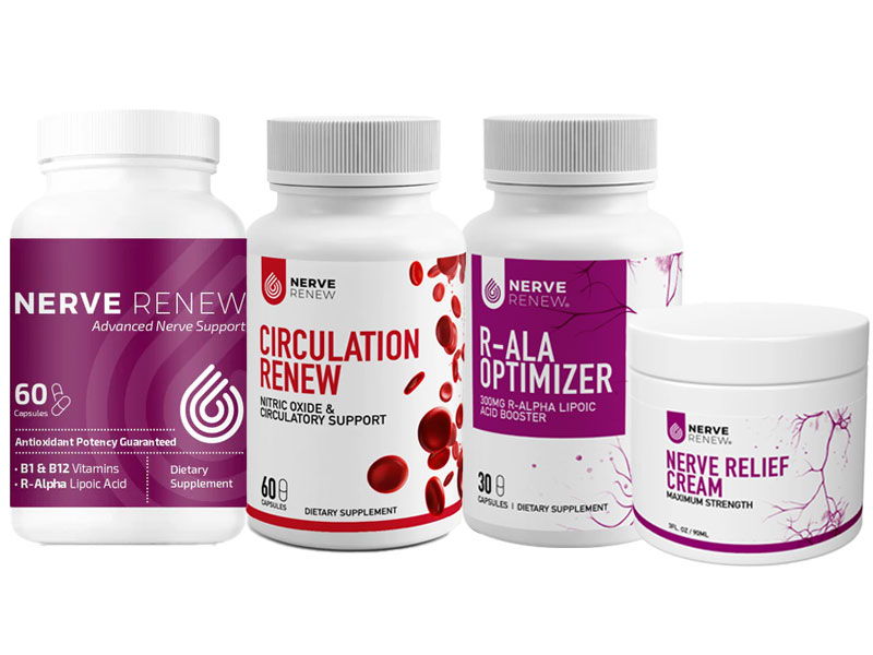 Nerve Rescue Bundle: Nerve Renew ($69 value), Circulation Renew ($59 value), R-ALA Optimizer ($33 value), Nerve Relief Cream ($33 value)