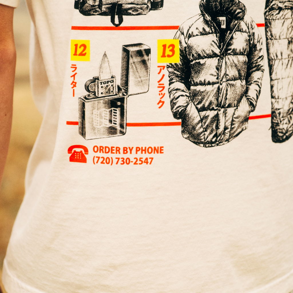 Graphic of clothing and accessories with a phone order number.