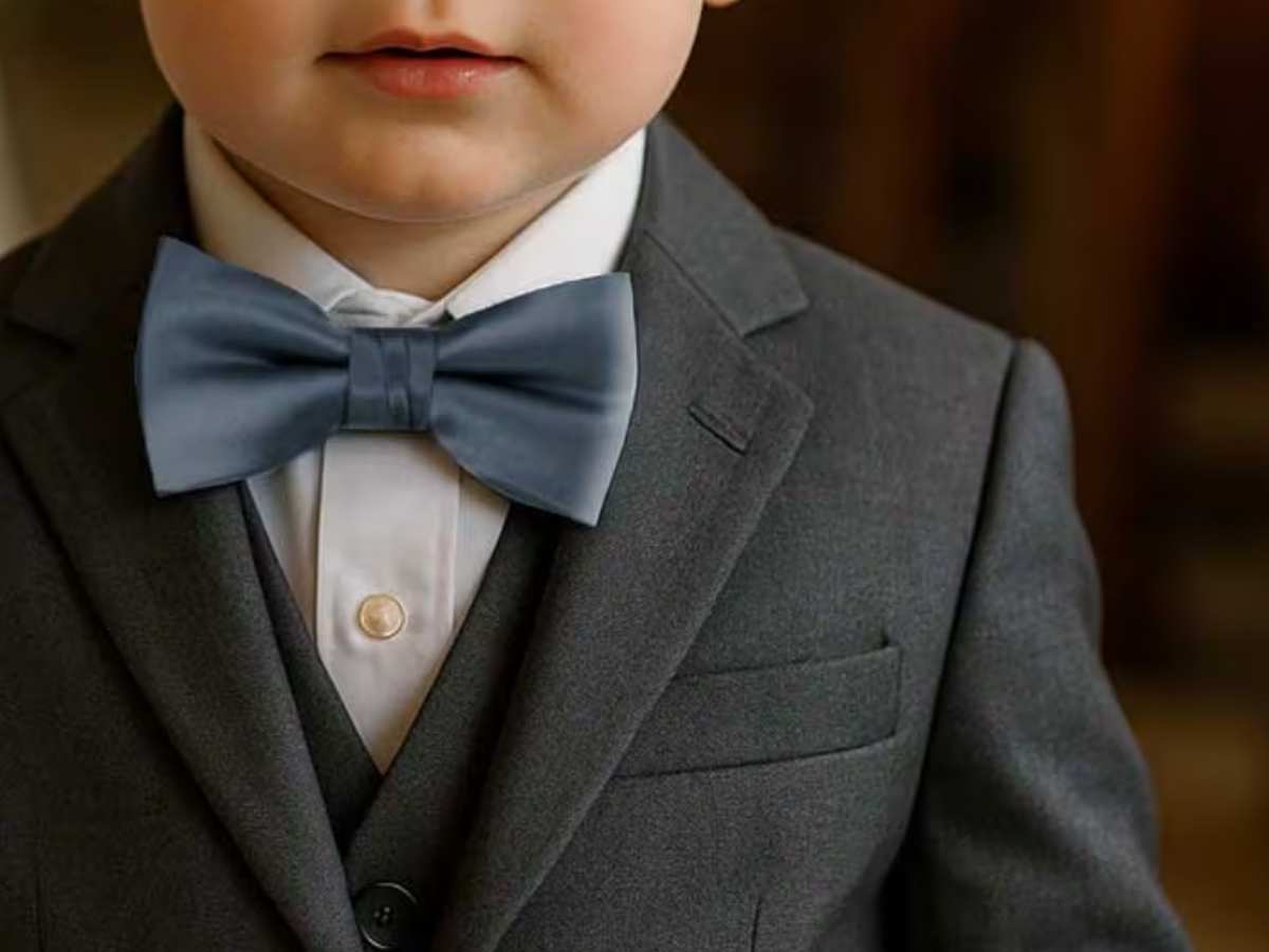 Ring bearer wearing a dusty blue bow tie with a gray suit