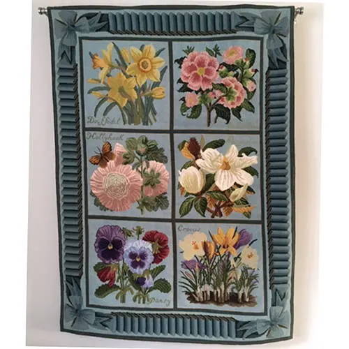 Six panel needlepoint tapestry with blue ribbon and bow border