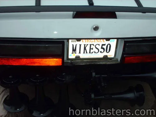 Close-up of Shocker XL train horn bells mounted on Ford Mustang HornBlasters gallery photo 4
