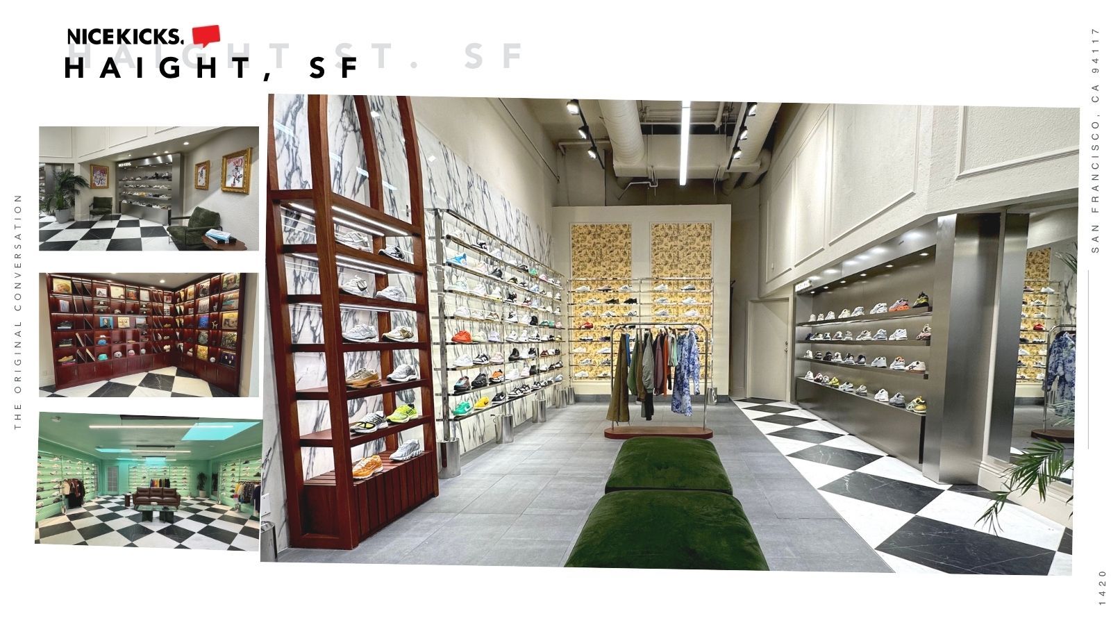 Interior of a contemporary retail store with shelves and clothing displays.
