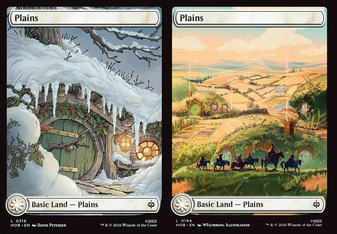Two plains from the MTG The Hobbit set showcasing both of the art treatments for basic lands.