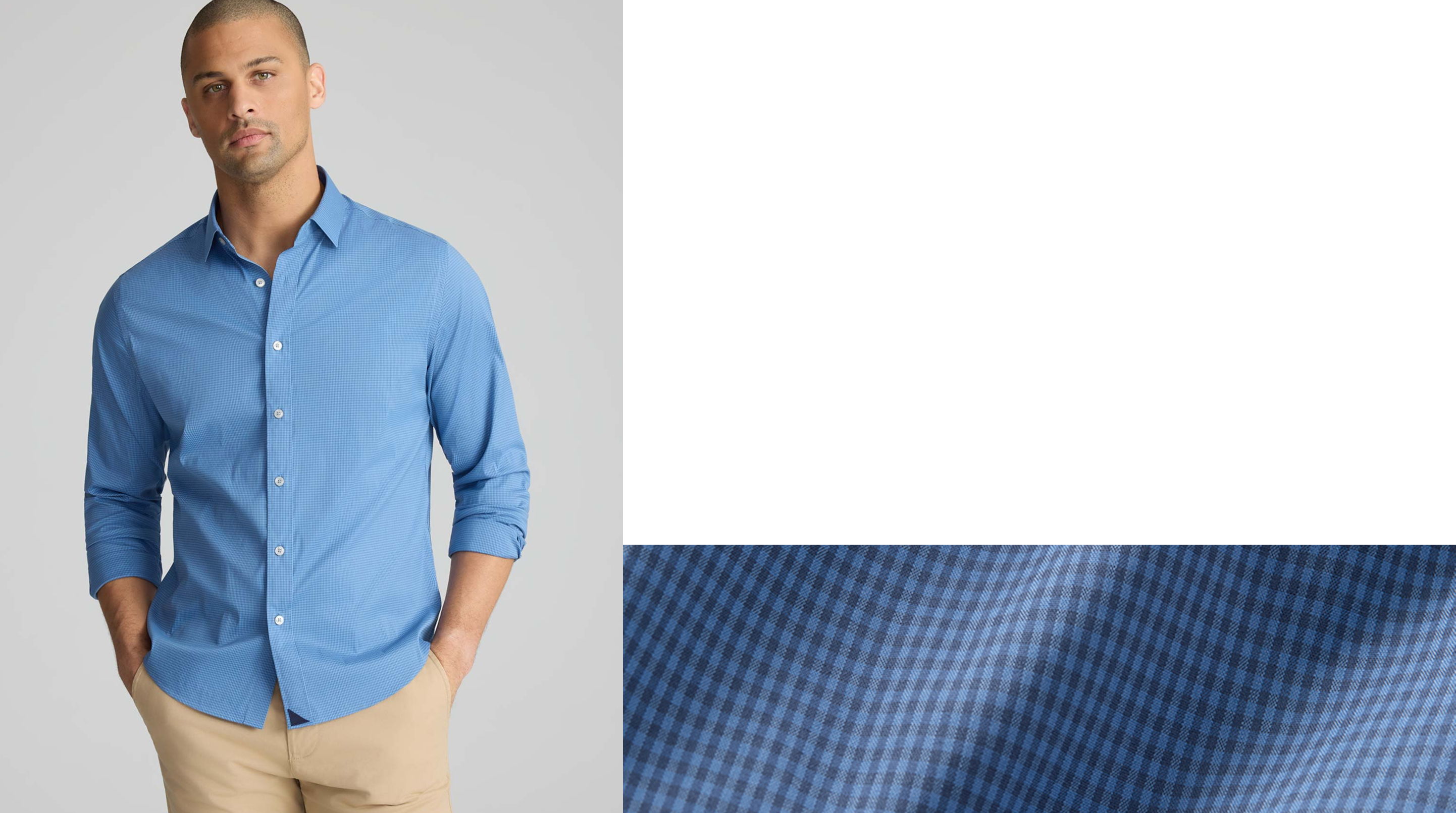 Man wearing a blue button-up shirt with tan pants.