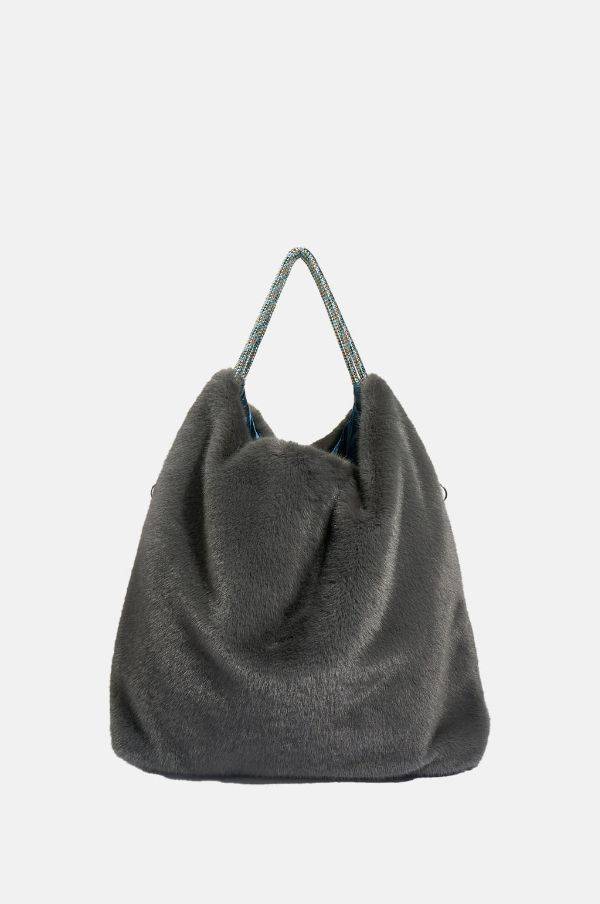 Product image of a Bellerose Hela Bag, a large tote bag in Asphalt grey faux fur fabric with a short hand strap.