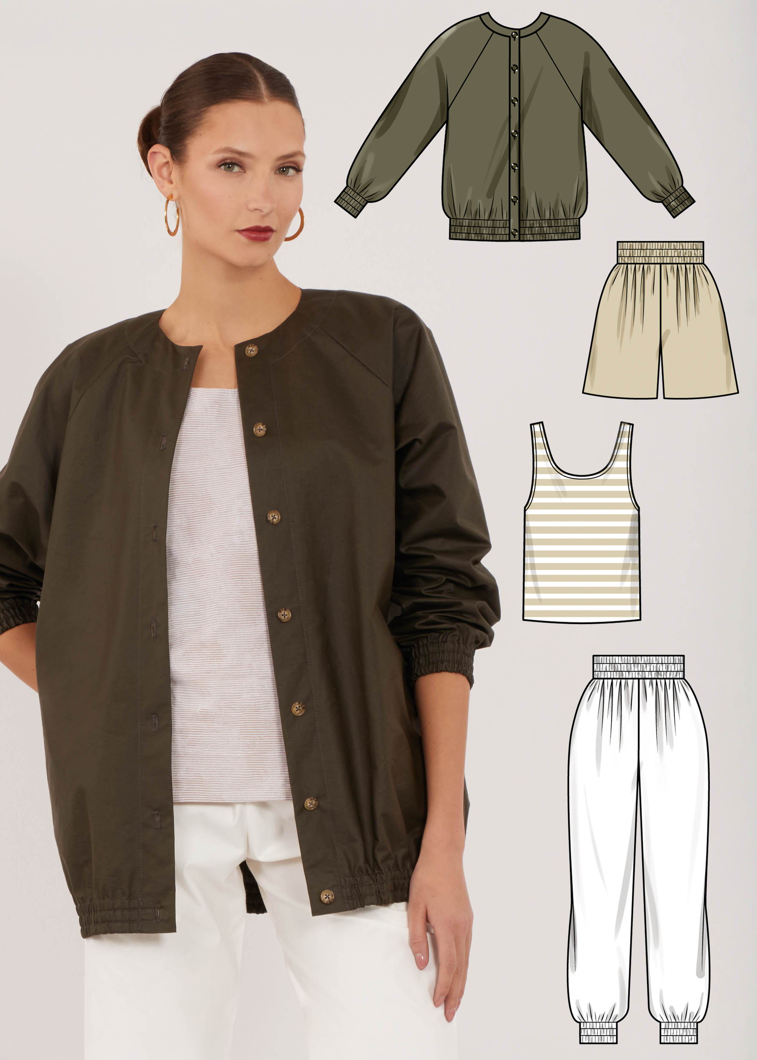 Model wearing a green jacket with illustrated clothing options.