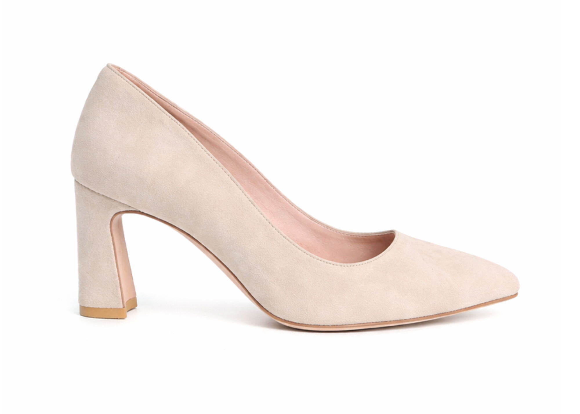 Beige high-heeled shoe with a pointed toe and block heel.