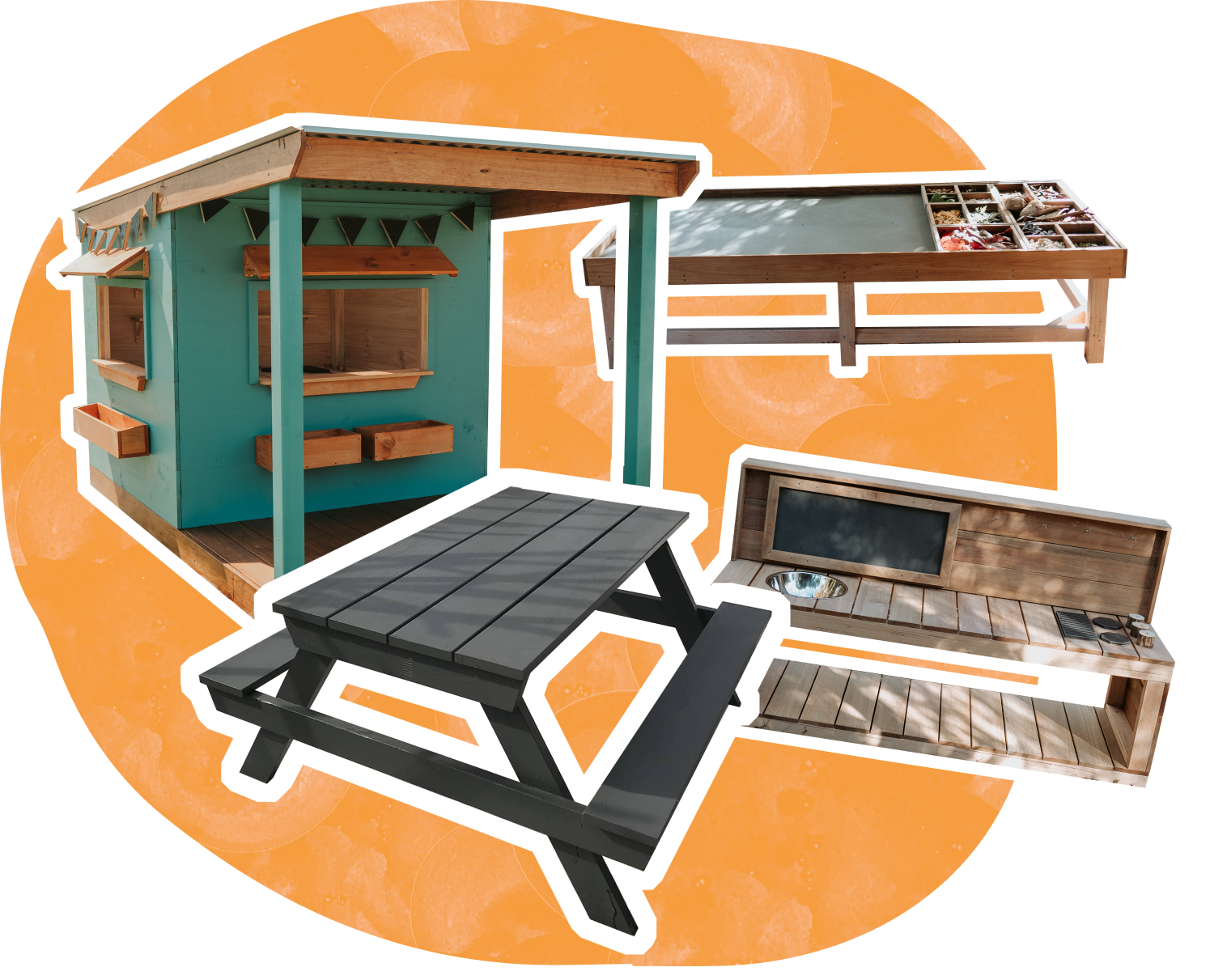 Prize set for Primary school: a Cubby house, a exploration table, a mud kitchen, and a Picnic Table