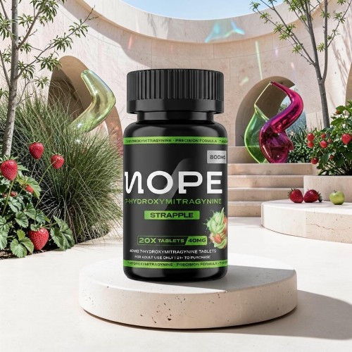 Bottle of NOPE supplement displayed in a modern, colorful garden setting.