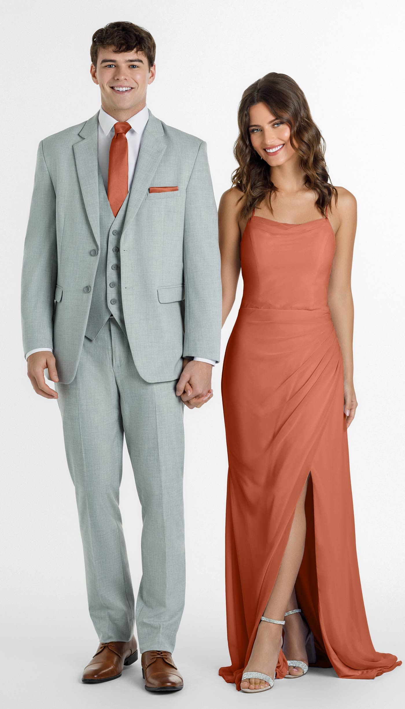 light grey suit with coral bridesmaid dress