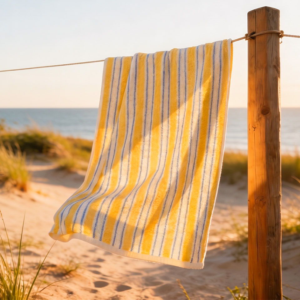 A yellow striped towel hanging on a post by the beach.