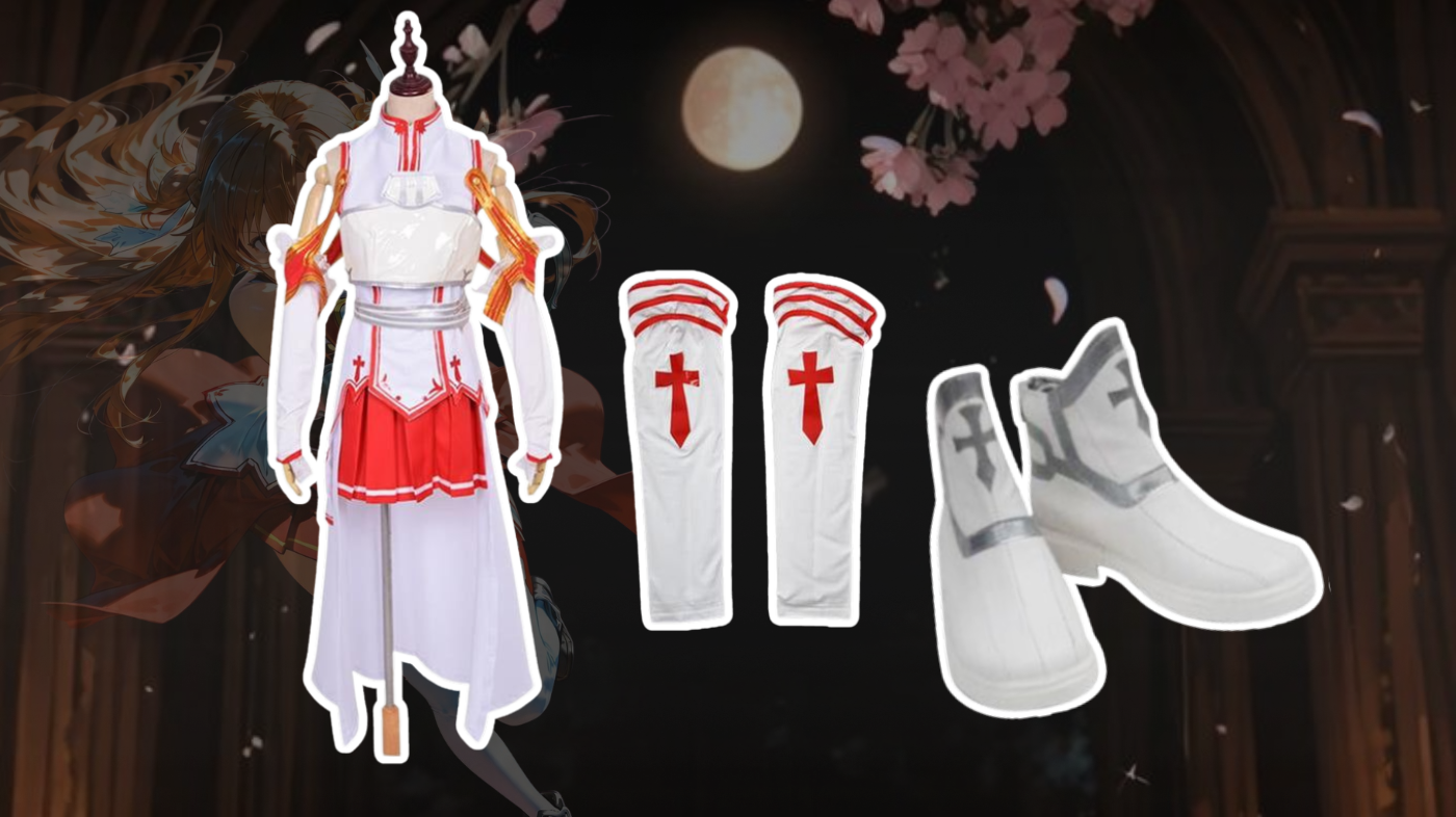Asuna Yuuki cosplay costume from Sword Art Online, Knights of the Blood Oath uniform with white and red armor, silver details, pleated skirt, thigh-high stockings, and anime-inspired battle outfit.