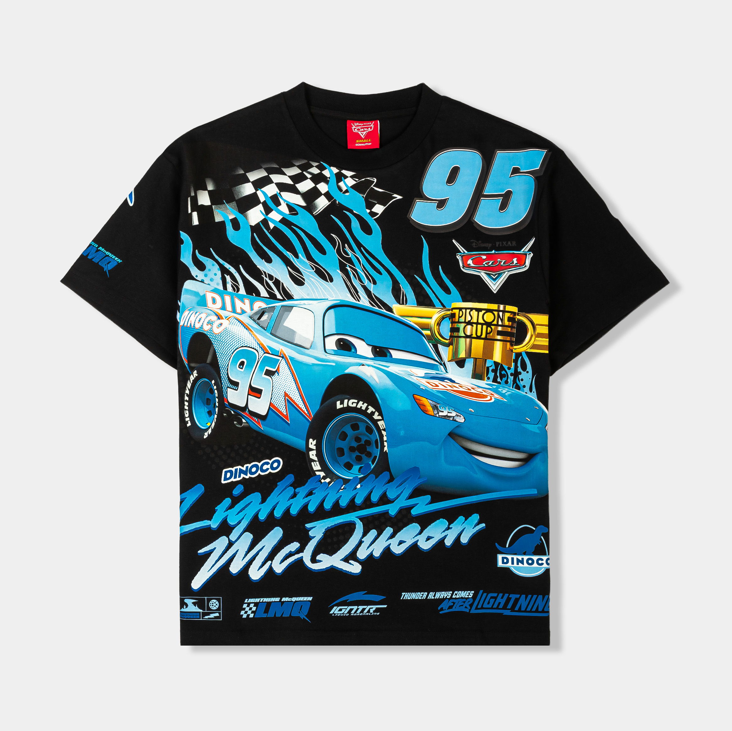 Black t-shirt featuring Lightning McQueen and racing graphics.