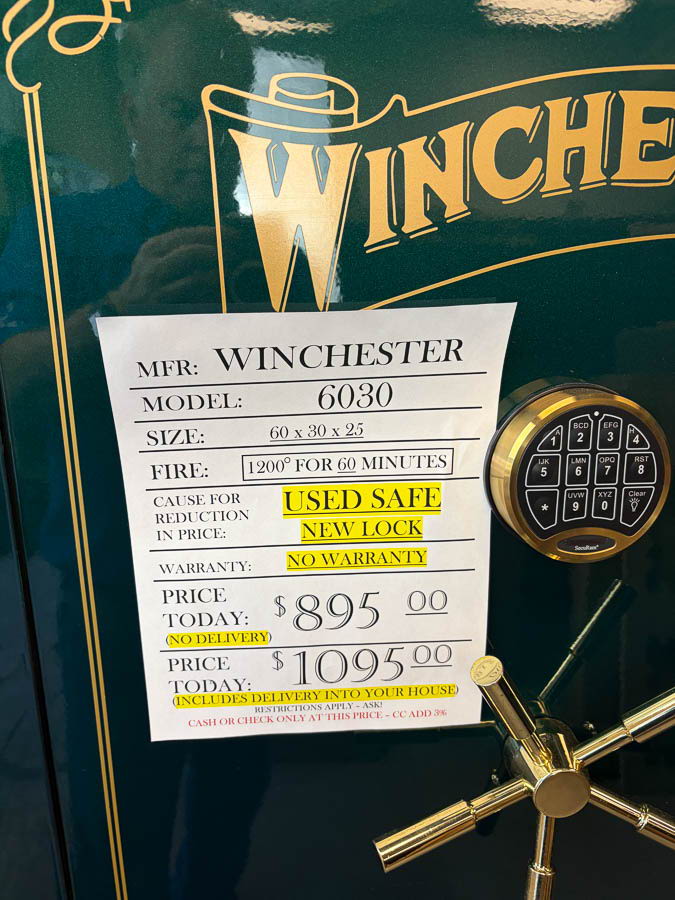 Winchester gun safe exterior with sale price tag on door - SES spring cleaning sale