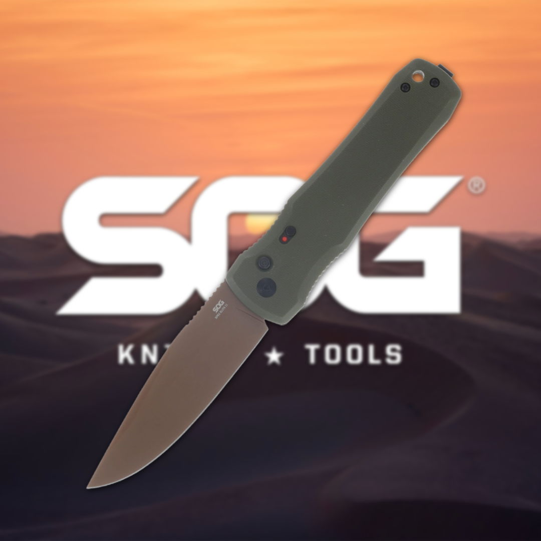 A folding knife in front of the SOG logo and sunset background.
