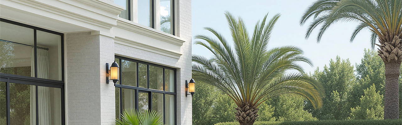 Outdoor patio furniture set near a pool with palm trees in the background.