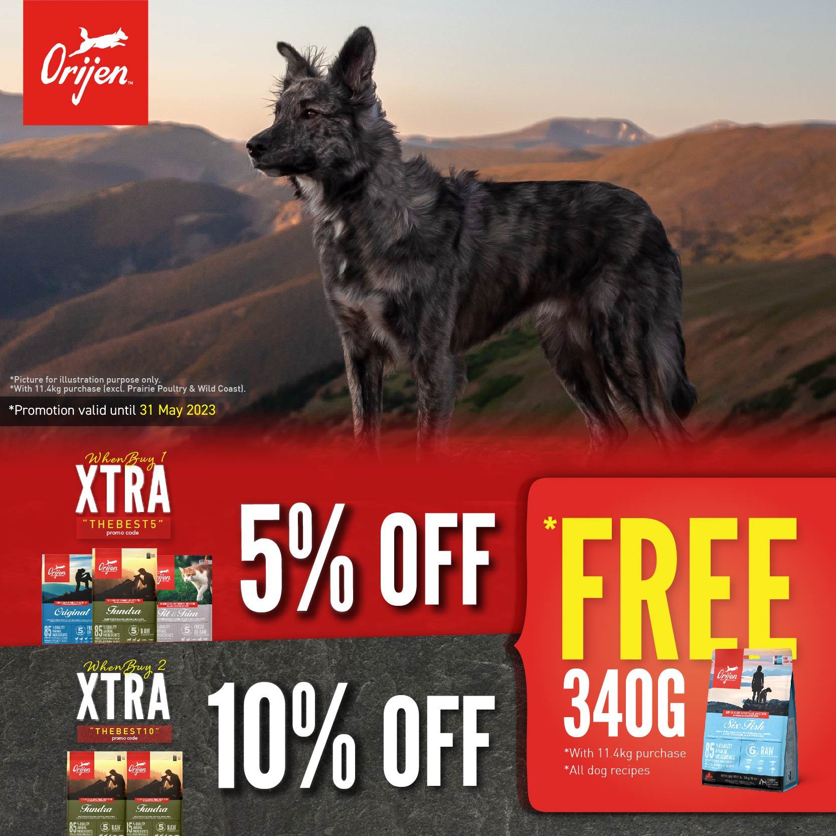 ORIJEN pet food promotion with free 340g for dog recipes of 11.4kg.