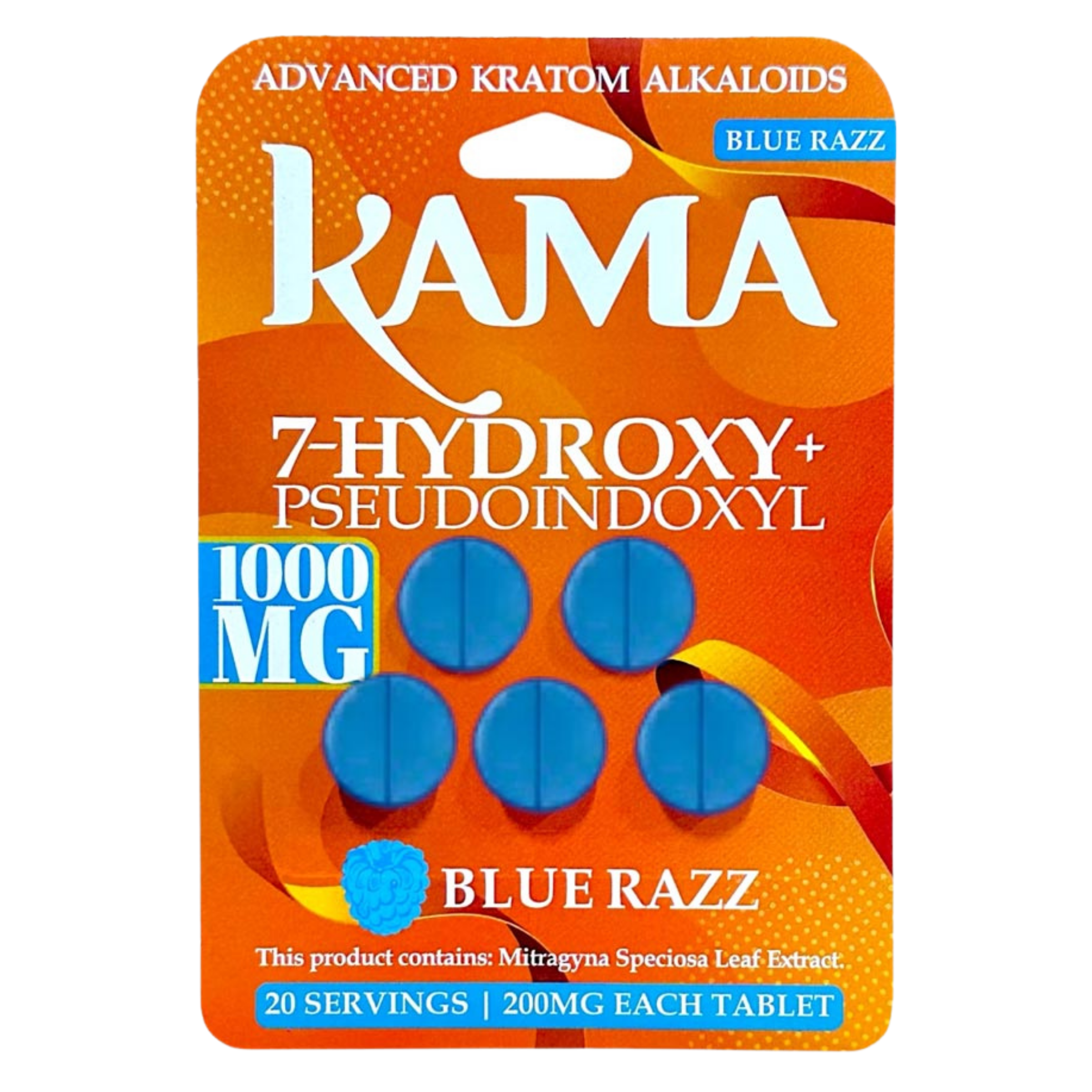 KAMA Blue Razz kratom tablets packaging, 1000 MG, 20 servings.