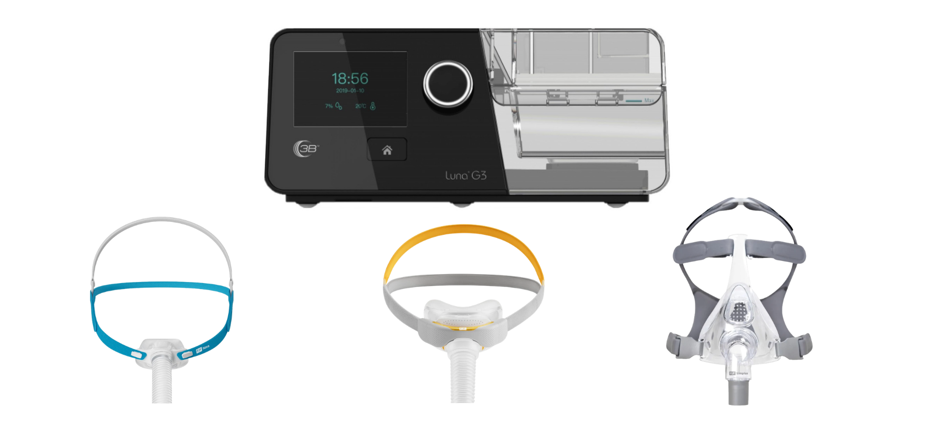CPAP machine with three different masks displayed below it.