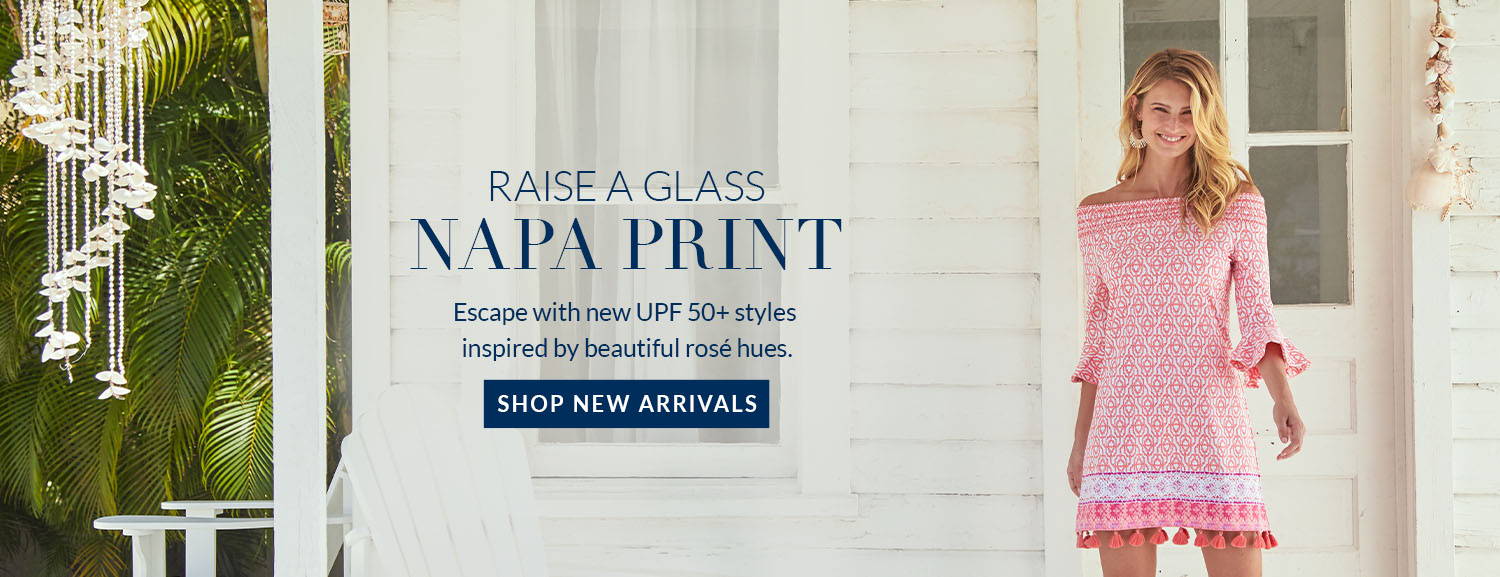 Raise a glass Napa print! Escape with new UPF 50+ styles inspired by beautiful rosé hues. Shop new arrivals. Woman wearing Napa Off The Shoulder Dress.