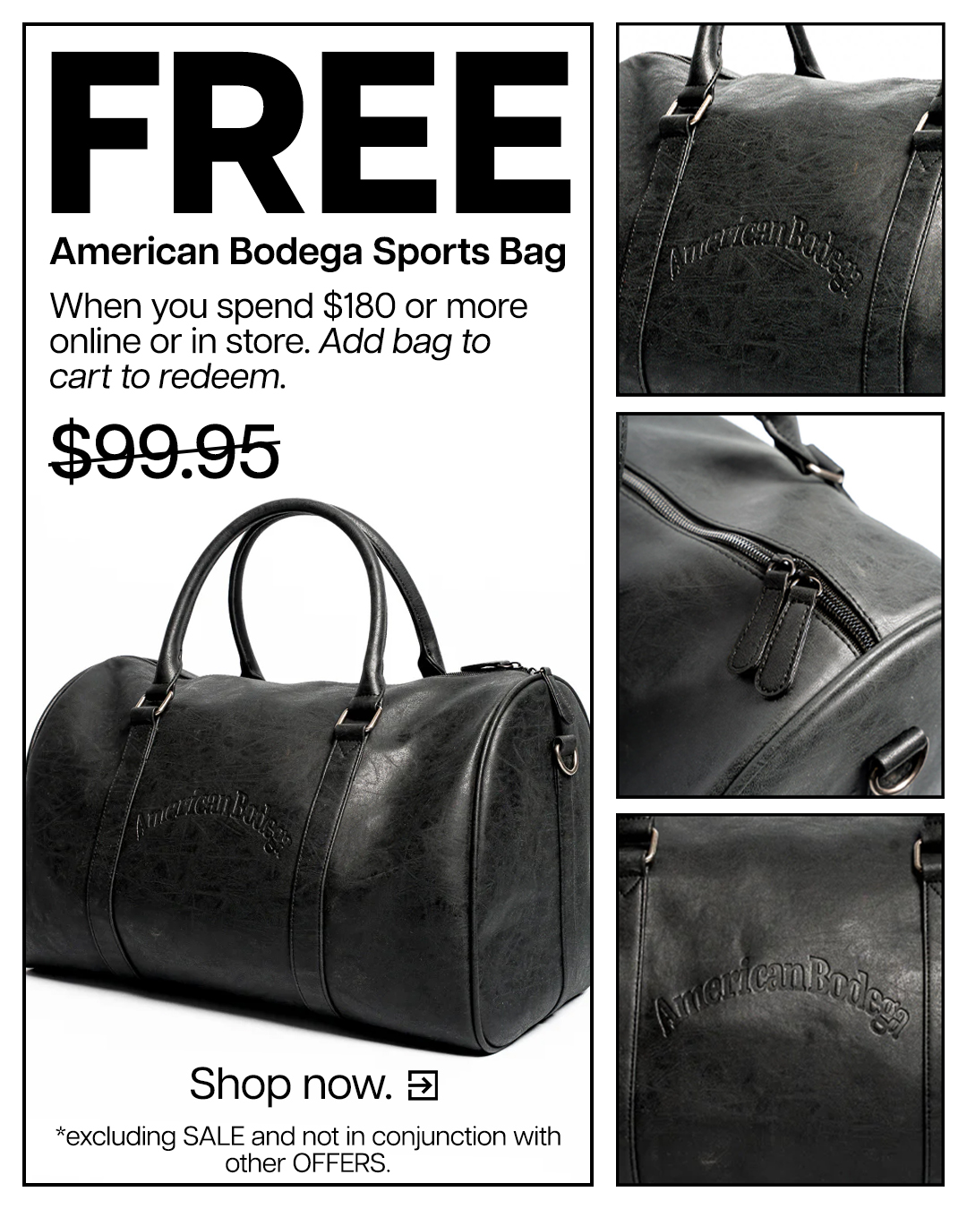 Advertisement for a free American Bodega sports bag with purchase.