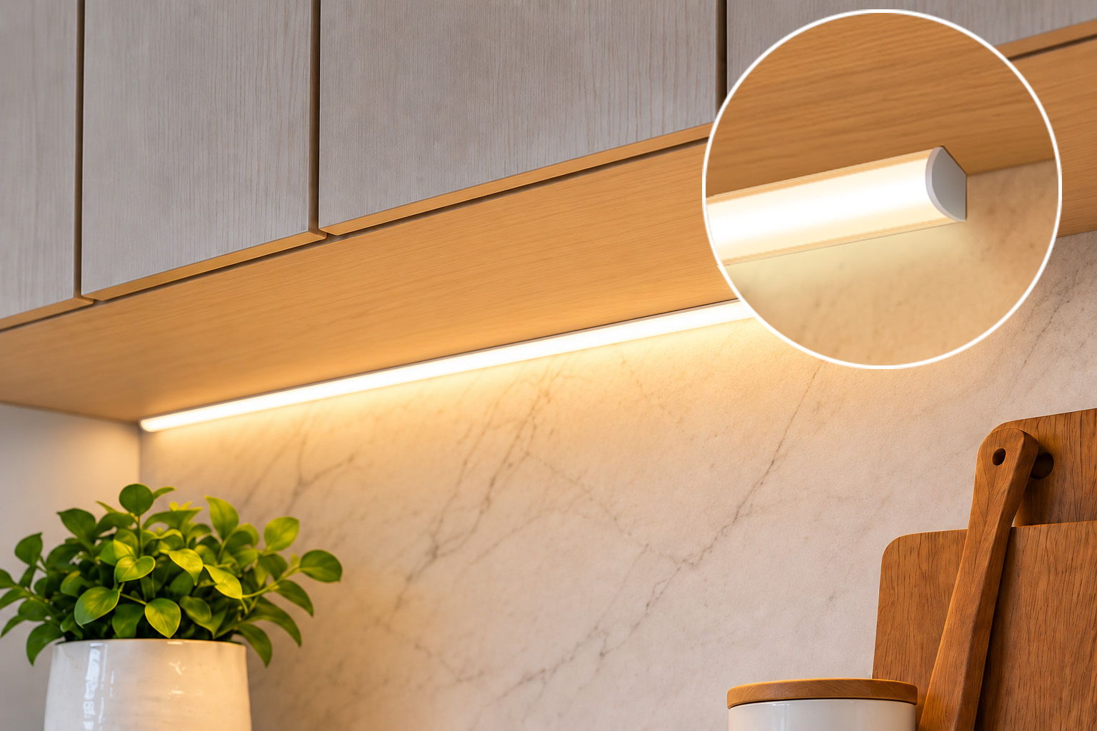 Angled corner cabinet light directing illumination onto the countertop